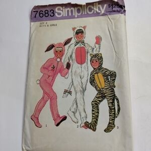 Simplicity Sewing Pattern 7683 Boys & Girls Rabbit Tiger Cat Costume Size 4